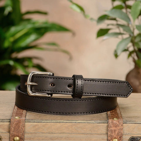 Men's Leather Belt 1 Inch Wide For Work Or Casual Dress, black durable leather with classic buckle, displayed on table.