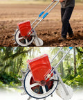 Manual Seed Planter Tool For Garden And Farm Portable Push Seeder With Seed Wheel And Spare Spring in a field and greenery.