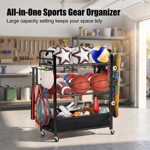 Rolling Ball Storage Cart And Sports Gear Organizer For Garage And Home Gym Indoor And Outdoor Use Holds Basketballs Soccer Balls