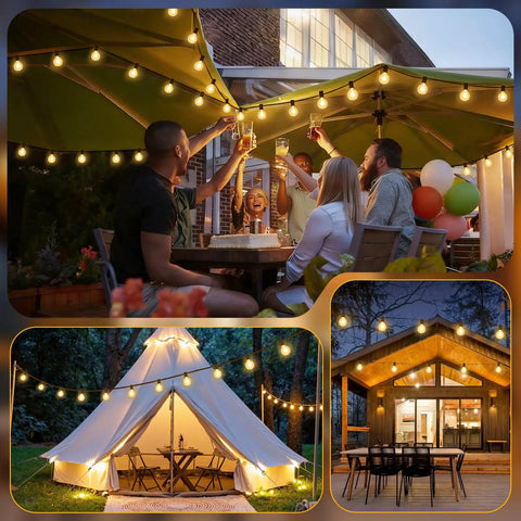 25 Foot G40 LED Outdoor String Lights With 11 Bulbs Plug In Waterproof Patio String Lights For Backyard Parties Dimmable Shatterproof Safe Design Black Finish Porch Balcony Decor illuminating a patio and tent area at night