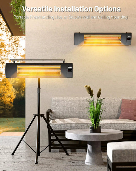 Carbon Infrared Patio Heater With Tripod, Remote Control, Tip Over Protection, Freestanding Or Wall Mounted, IP55 Indoor Outdoor Use, Odorless Heat, Black For Patio Or Deck Ambience All Year, showing both freestanding and wall-mounted options.