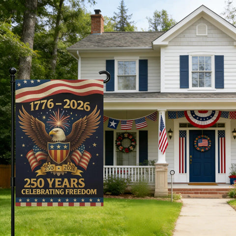 250th Anniversary USA Garden Flag For Outside 1776-2026 Patriotic Yard Sign Outdoor Banner Double Sided Waterproof 12x18 Inch Fourth of July Decor Front Yard displayed in front of a house.