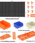 52 Piece Wall Mounted Storage Bins System with Peg Boards, Garage Workshop Organizer showing bins, hooks, trays, and boards.