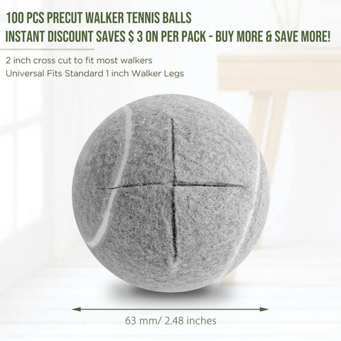 Gray precut tennis ball for furniture legs, 63 mm diameter, close-up of cross cut for chair and desk leg use.