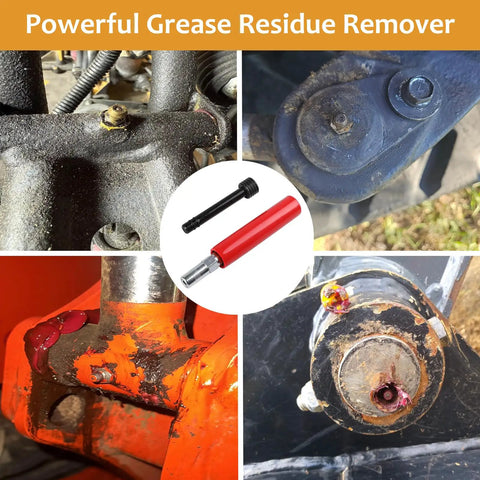 Grease Fitting Cleaning Tool No More Clogged Zerks Zerk Buster shown clearing dried grease from machinery fittings.