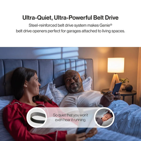 Couple in bed with lamp, StealthDrive Connect Smart Garage Door Opener With Ultra Quiet Belt Drive featured in circles