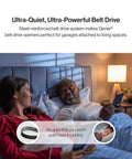 Couple in bed with QuietLift Connect WiFi Smart Garage Door Opener With Wireless Keypad Ultra Quiet Three Quarter HPC Belt Drive Works With Alexa And Google Assistant Model 3053 TKV highlighted.