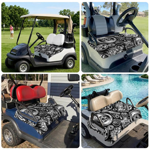 Two Seater Golf Cart Seat Cover And Towel Microfiber Absorbent Breathable Bench Seat Protector With Vintage Engine Print for 51x31 inch golf carts.