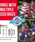 No Pinch Tire Changing Kit for Dirt Bikes and Motocross Axles 15mm Fitment for 15 to 16mm axles shown with bikes and tool parts