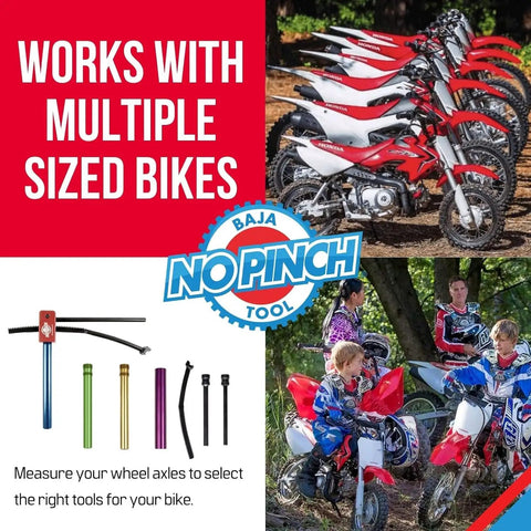No Pinch Tire Changing Kit for Dirt Bikes and Motocross Axles 15mm Fitment for 15 to 16mm axles shown with bikes and tool parts