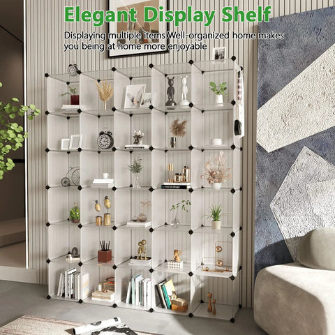 Modular Cube Storage Organizer 30 Cube Shelving Unit DIY Plastic Bookshelf Closet Cabinet Filled with Items in Living Room