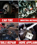 Collage showing car tire service, industrial instrument, tools repair, and home appliance maintenance.