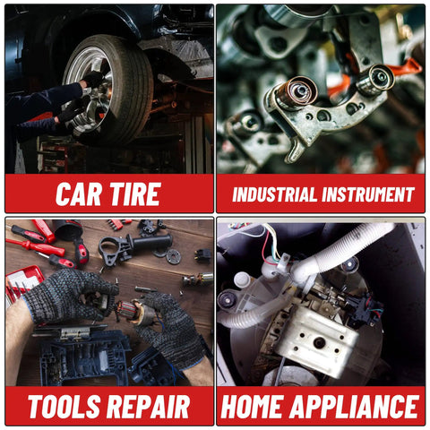 Collage showing car tire service, industrial instrument, tools repair, and home appliance maintenance.