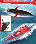 Spider Hero RC Boat 2.4GHz Remote Control Boat With LED Lights For Kids displaying self-righting spray function in water with remote control.