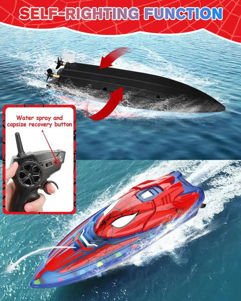 Spider Hero RC Boat 2.4GHz Remote Control Boat With LED Lights For Kids displaying self-righting spray function in water with remote control.