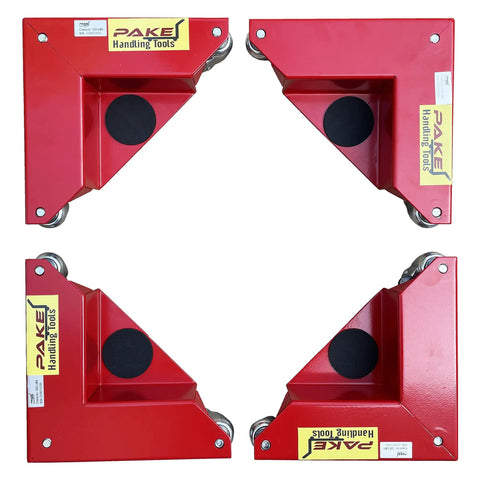 Heavy Duty Low Profile Furniture Dollies, Set Of 4 With Quiet Pu Rollers featuring a red triangular design with swivel casters.