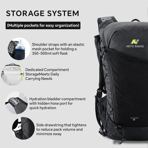 Lightweight Hydration Backpack For Runners With 12L Capacity showing storage system and mesh back panel