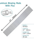 30 Aluminum Welding Rods No Flux One Sixteenth Inch Diameter 13 Inch Length, side view showing dimensions and specifications.