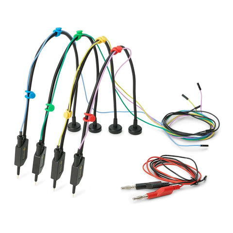 Two SQ200 And Four SQ10 Handsfree Probes Kit For PCB Testing And Soldering with cables and connectors displayed on white background