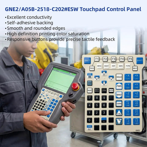 Membrane Keypad Replacement For Fanuc Teach Pendant GNE2 A05B 2518 C202 ESW, shown on teach pendant panel