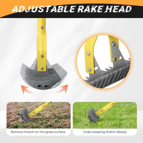 19-Tine Thatch Rake With Adjustable Head Angle and 55 Inch Steel Handle for Lawn Care shown adjusting rake head angle