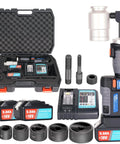 Battery Powered Hydraulic Knockout Punch Kit EZ 8AL With 8 Ton Driver, drills, charger, batteries, and case for steel, aluminum, plastic.