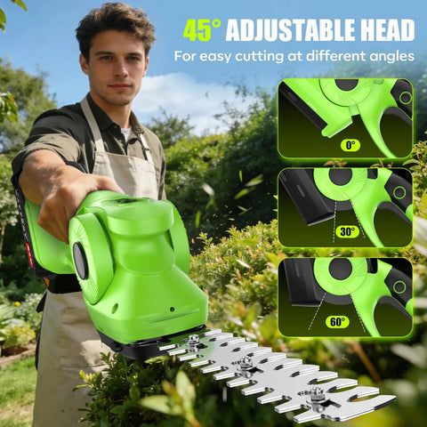 2-In-1 600W Cordless Hedge Trimmer And Grass Trimmer 21V Battery Powered Garden Tool with adjustable head for different angles.