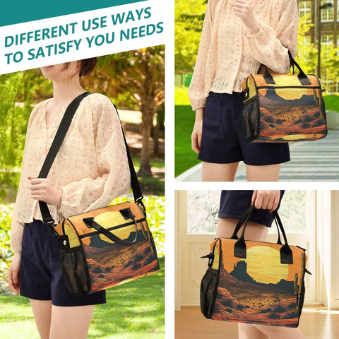 Woman holding Insulated Lunch Tote Bag For Outdoor Picnics And Camping Cooler Bag with scenic print and shoulder strap