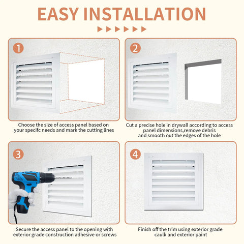 Step-by-step installation guide for Top Shelf 12 X 12 Inch Steel Access Door For Drywall With Integrated Ventilation Grille.