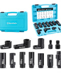 O2 Sensor Socket Set With 6 Sizes And 3/8 Inch And 1/2 Inch Drives, Includes 22mm, 27mm, 29mm, rugged case shown open and closed