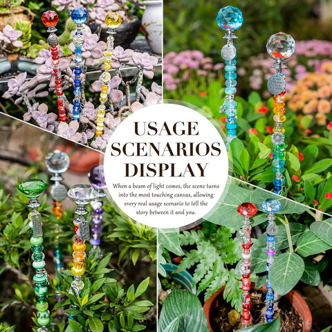 Colorful 513 Piece DIY Beaded Garden Stakes And Fairy Wand Craft Kit With Sparkling Crystal Accents in vibrant garden setting.