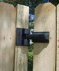 Heavy Duty Gate Hinges Kit For Wood Or Vinyl Gates, Built Tough Self Closing 180 Degree Swing, 2 Pack, Supports Gates Up To 96 Inches Wide And 150 Lbs, Includes 4 Decorative Hinge Covers And 24 Screws. Black hinge on wood gate