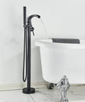 Dual Function Freestanding Tub Filler Faucet In Oil Rubbed Bronze With Waterfall Flow, Dope High-Flow Spout, Hand Shower, 35.8 Inch Tall
