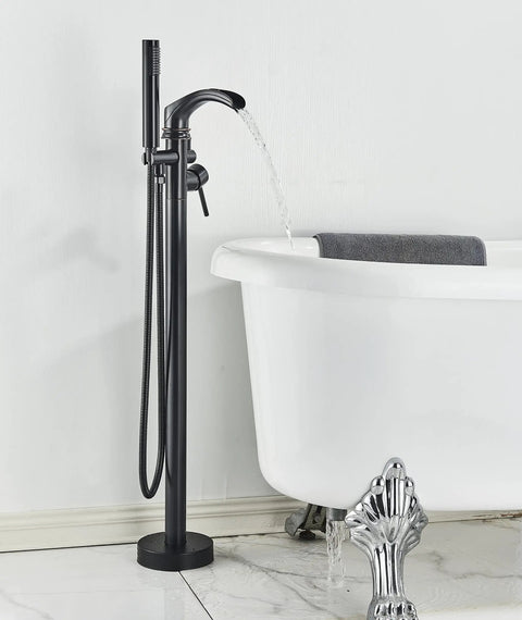 Dual Function Freestanding Tub Filler Faucet In Oil Rubbed Bronze With Waterfall Flow, Dope High-Flow Spout, Hand Shower, 35.8 Inch Tall