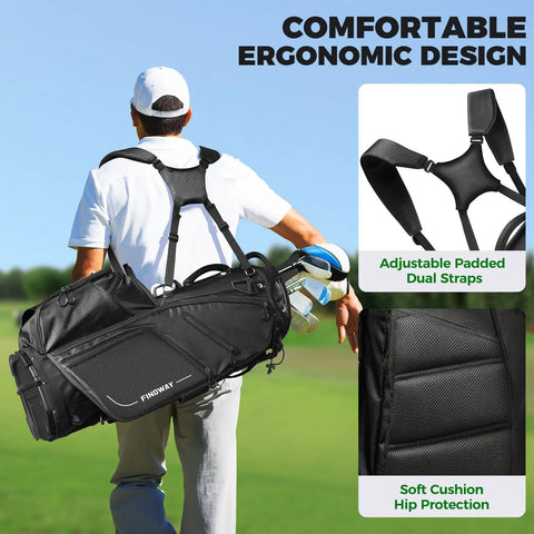 Back view of man carrying Lightweight 14 Way Golf Stand Bag with dual straps, showing padded straps and ergonomic design.