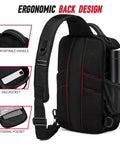Fishing Sling Bag with Rod Holder and MOLLE System showcasing ergonomic back design, water bottle pocket, and storage compartments