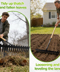 Heavy Duty Dual Mode Garden Rake With 60 Inch Wooden Handle And 17-Tine Bow Rake used for loosening soil and clearing leaves