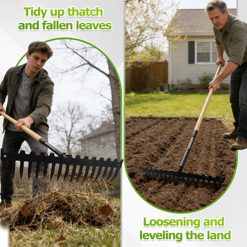 Heavy Duty Dual Mode Garden Rake With 60 Inch Wooden Handle And 17-Tine Bow Rake used for loosening soil and clearing leaves