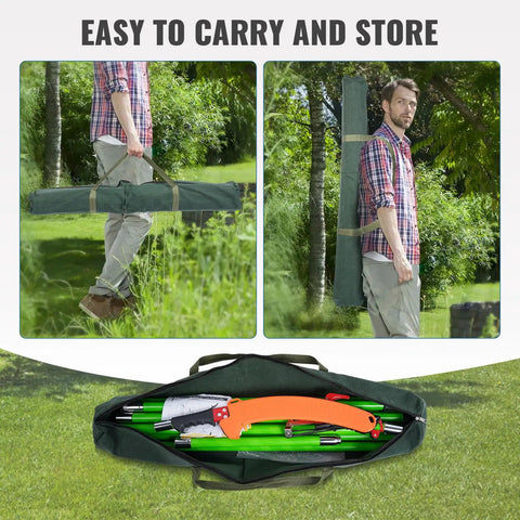 Man carrying Extendable 30 Ft Manual Pole Saw Workhorse With Pruner Blade And Scissors Set Nine Fiberglass Poles for branches