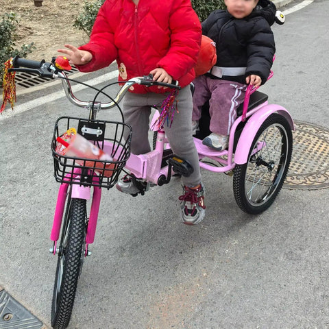 Foldable Three Wheel Tricycle Cruiser With Back Seat, Front Disc Brake and Dual Brakes on a sidewalk