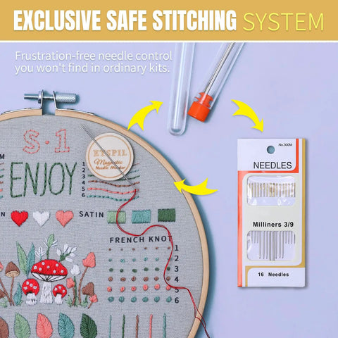 Beginner Embroidery Kit With Magnetic Needle Minder, 4K Video Tutorials, Pre Printed Floral Patterns, Bound Guide featured