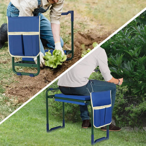 Workhorse Garden Kneeler And Seat With Thick Wider Soft EVA Pad used for kneeling and sitting in garden with attached tool bag.