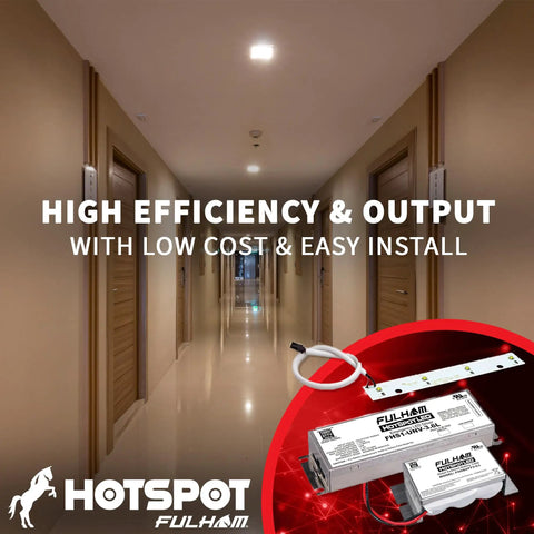 HotSpot1 LED Emergency Battery Backup Kit For T8 Retrofit Conversions shown in hallway installation with components.