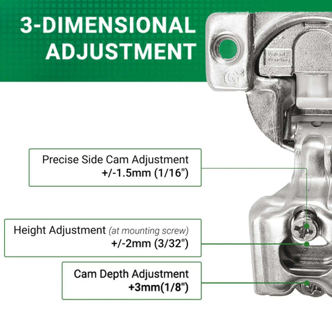 3-dimensional adjustment feature on 50 Pack Cabinet Hinges With Soft Close, 108 Degree Opening, 1 Inch Overlay, Screw On, Compact Design.