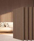 Game Changer Walnut Wood Slat Wall Panels Four Pack Acoustic Sound Dampening Board Set For Zero Drama Noise Cancelling home decor with sofa