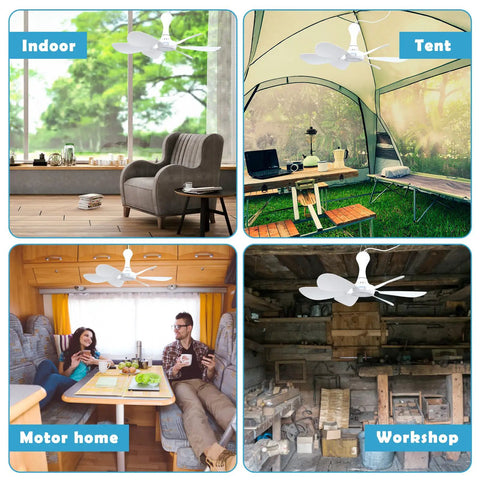 USB Powered Mini Ceiling Fan With Six Blades Quiet DC 5V USB Hanging Fans shown in indoor, tent, motor home, and workshop settings.