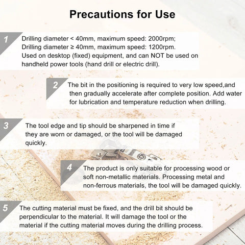 Precautions for use of Pro Level Forstner Drill Bit Set 24mm 30mm for safe wood and plastic drilling methods.