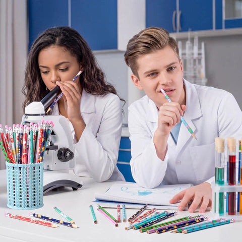 Students with 48 Pack Science Pencils Bulk With Erasers And Motivational Sayings, 8 Fun Chemistry Designs on a lab desk