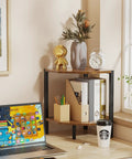 Chic Two Tier Industrial Corner Bookshelf Heavy Duty Wood Grain Metal Frame Space Saving Rustic Display Rack with decor and office supplies.