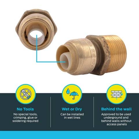 Push To Connect Brass Reducing Adapter 1/2 In X 3/4 In MNPT Fitting For PEX Copper CPVC PERT HDPE Pipes Tool Free Quick Install
